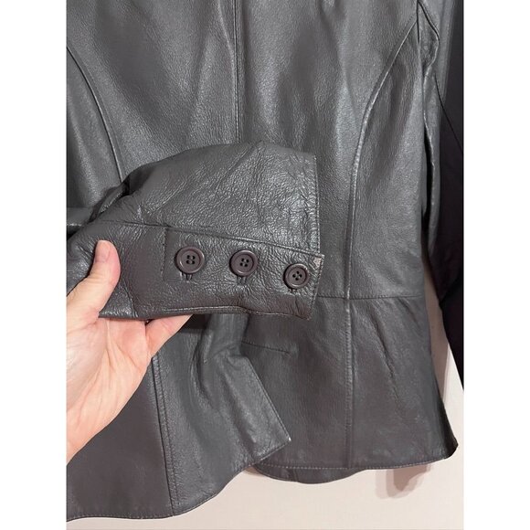 Vintage Leather Jacket Gray 8P Neutral Blazer Tailored Classic Chic Western 80s - Picture 10 of 14